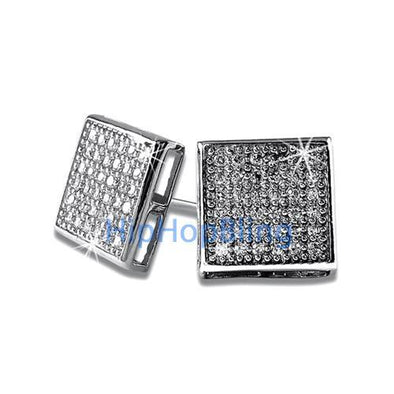 Large Box CZ Micro Pave Bling Bling Earrings .925 Silver