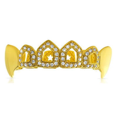 Fang Open Tooth Gold Bling CZ Grillz Top