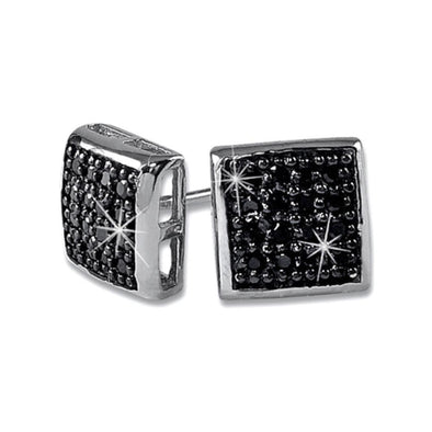 32 Stones Puffed Box Black CZ Micro Pave Earrings .925 Silver