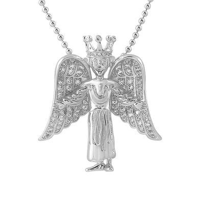 Crowned Angel Wings Mini Pendant CZ Rhodium