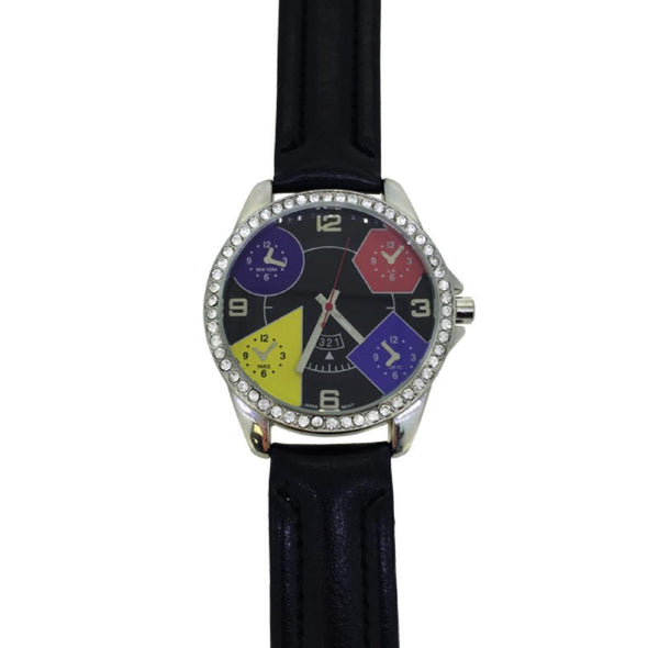 Black Leather 5 Timezone Watch Bezel