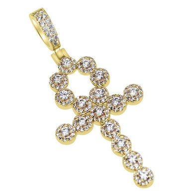 Skinny Cluster Ankh Cross CZ Bling Bling Pendant in Gold