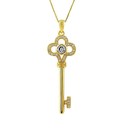 Clover Key Gold .925 Sterling Silver CZ Pendant