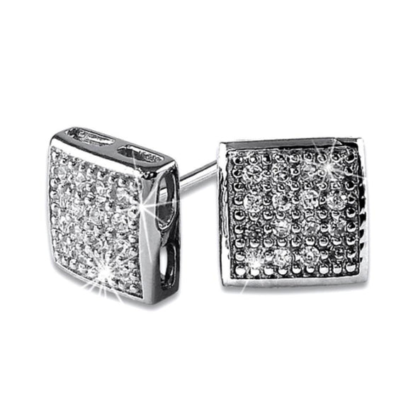 32 Stones Puffed Box CZ Micro Pave Earrings .925 Silver
