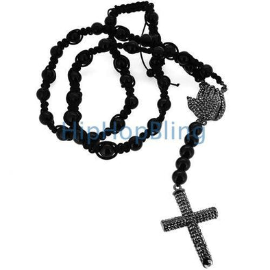 Black Praying Hands Bling Bling Disco Ball Rosary Necklace