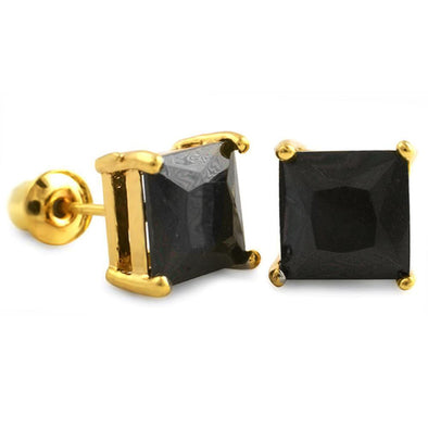 Black CZ Diamond Square Stud Earrings Gold (DOZEN PAIRS)