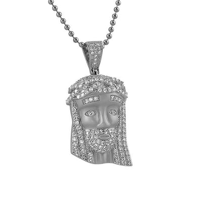 CZ Satin Finish Rhodium Mini Jesus Face Pendant