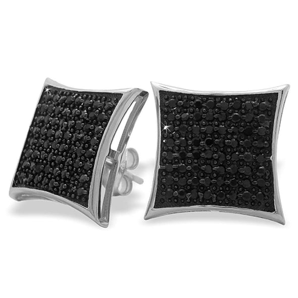 XL Puffed Kite Black CZ Micro Pave Earrings .925 Silver