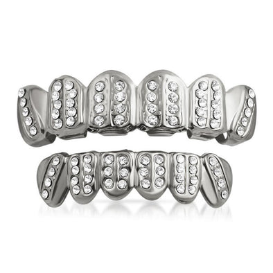 Grillz Ice Bars Silver Teeth Top Bottom Set