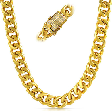 CZ Clasp 15MM Thick Cuban Chain Polished Gold (24 in)