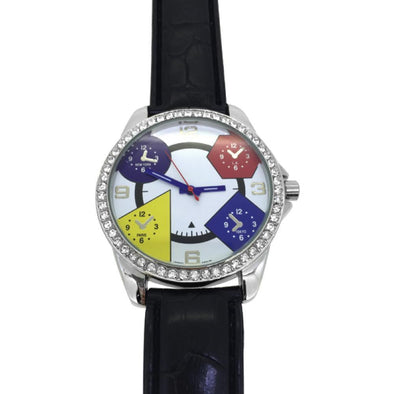 White Dial 5 Timezone Black Leather Watch