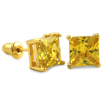 Yellow CZ Diamond Square Stud Earrings Gold (DOZEN PAIRS)