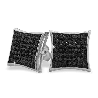 Large Puffed Kite Black CZ Micro Pave Earrings .925 Silver