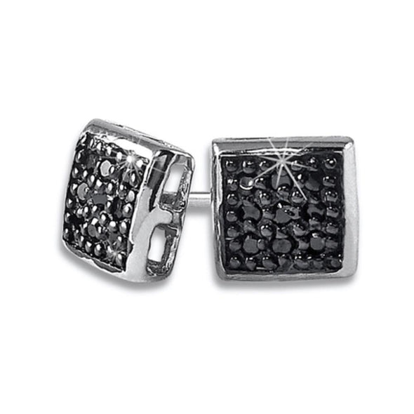 Small Puffed Box Black CZ Micro Pave Earrings .925 Silver