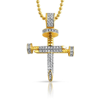 Small Gold CZ 3D Nail Cross Pendant