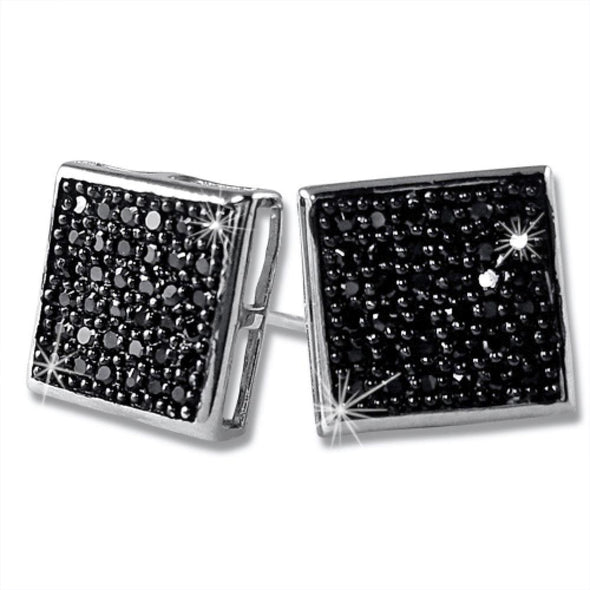 Large Box Black CZ Micro Pave Earrings .925 Silver