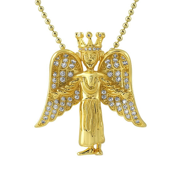 Crowned Angel Wings Mini CZ Gold Pendant