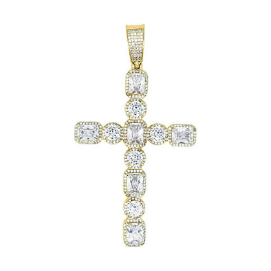 .925 Silver Emerald and Round Cut CZ Gold Cross