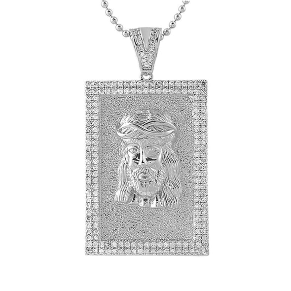 Jesus Piece Block Rhodium CZ Pendant