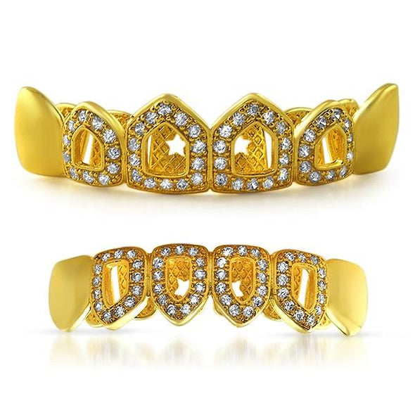 Polished 4 Open Tooth Bling CZ Gold Grillz Set