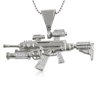 CZ Military Machine Gun Jewelry Pendant Rhodium