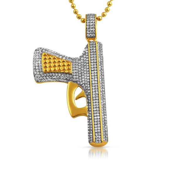 Gold CZ Handgun Pendant Jewelry
