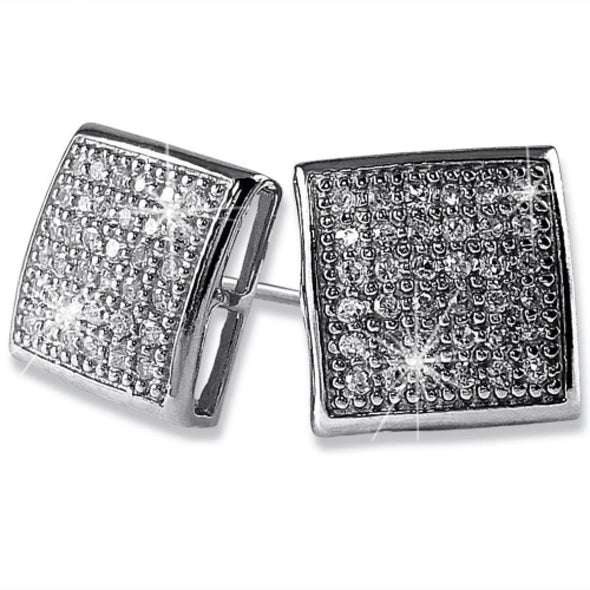 Large Puffed Box CZ Micro Pave Earrings .925 Silver