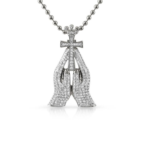 CZ Christian Prayer Hands Cross Rhodium Mini Pendant