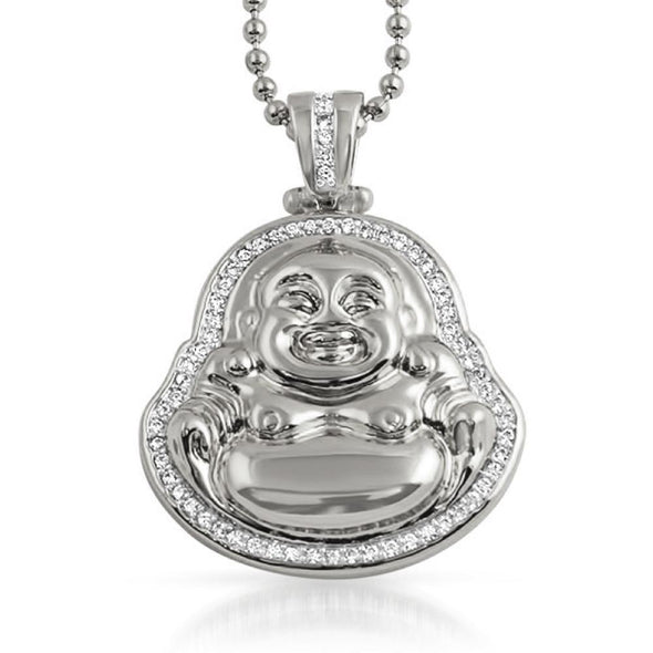 Lucky Buddha CZ Buddhist Pendant Rhodium