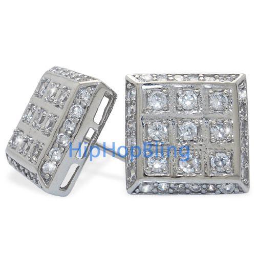 CZ Large Box Sterling Silver Micro Pave Hip Hop Earrings