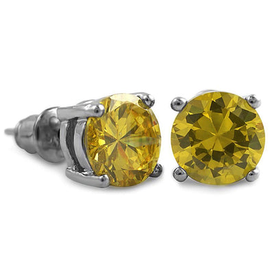 Yellow CZ Diamond Round Stud Earrings Rhodium (DOZEN PAIRS)