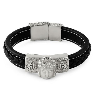 Buddha Black Leather Stainless Steel Bracelet