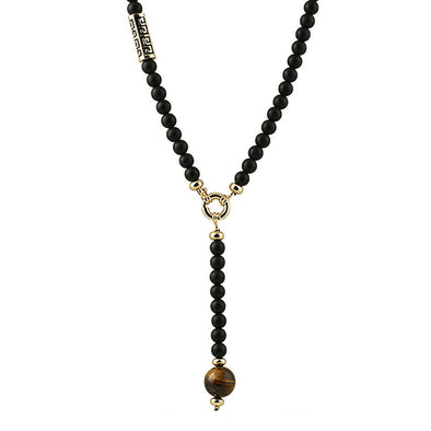 Gold Greek Link Tiger Eye Rosary Black Chain Necklace