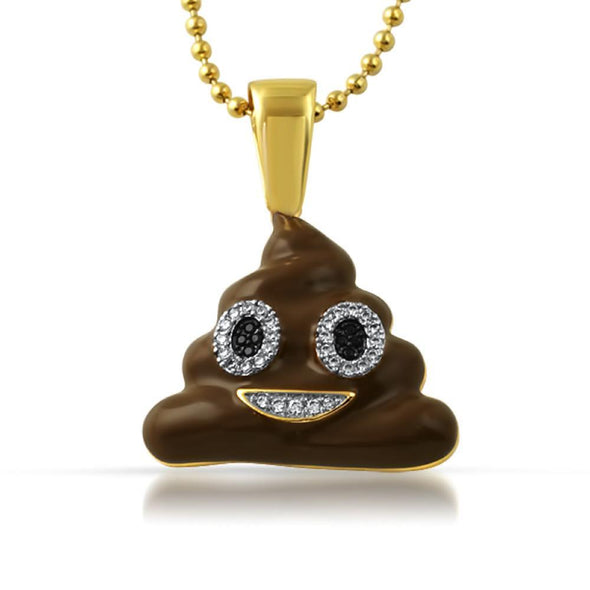 Emoji Brown Enamel Poop Face CZ Gold Pendant