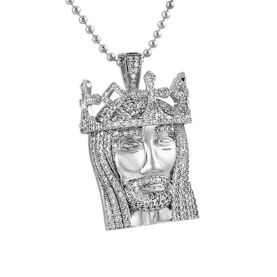 CZ 3D Crown Mini Detailed Jesus Rhodium Pendant