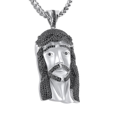 Black Hair Stones .925 Silver Large Jesus Piece