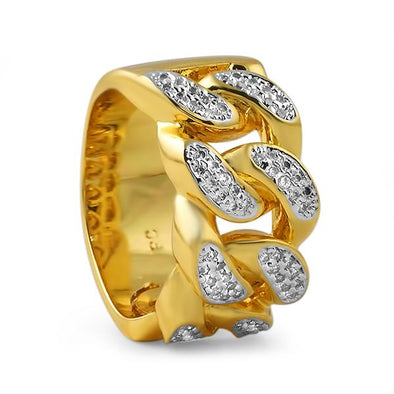 .925 Sterling Silver Gold Cuban Link Bling Bling Ring