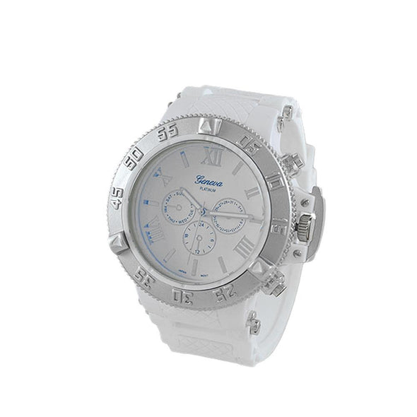 Blue Dial Silver Bezel White Rubber Sports Watch