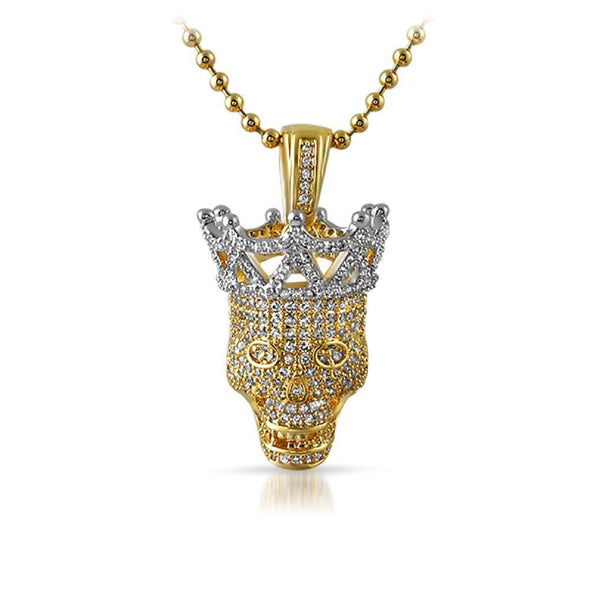 3D Hip Hop Skull CZ Pendant Gold with Silver Crown