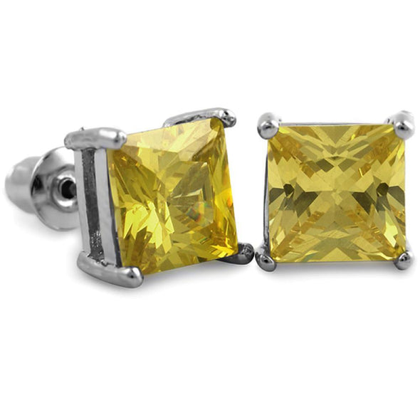 Yellow CZ Diamond Square Stud Earrings Rhodium (DOZEN PAIRS)