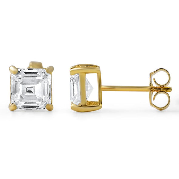 Asscher Cut CZ Stud Earrings Gold .925 Silver