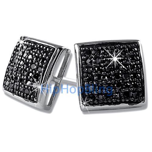 Large Puffed Box Black CZ Micro Pave Earrings .925 Silver