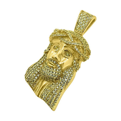 .925 Silver Solid Mini Gold Jesus Piece Canary CZ