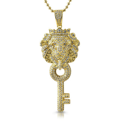 Chinese Lion Key CZ Gold Pendant