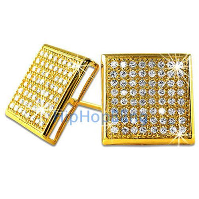 XXL Box Gold Vermeil CZ Micro Pave Bling Earrings .925 Silver