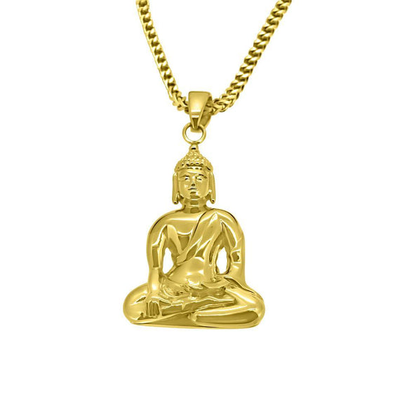 Gold Sitting Buddha Pendant w Franco Chain