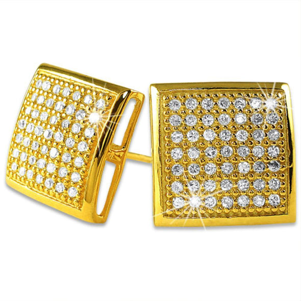 XL Gold Vermeil CZ Puffed Box Micro Pave Earrings .925 Silver