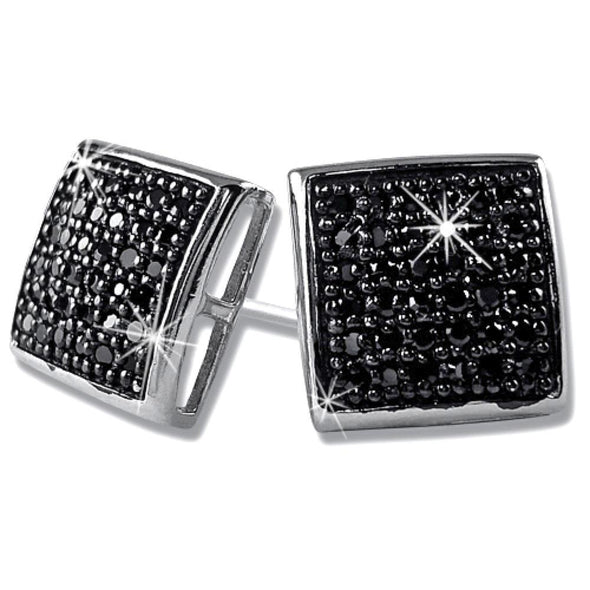 Large Puffed Box Black CZ Micro Pave Earrings .925 Silver