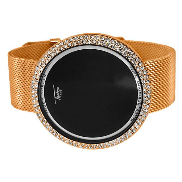 Bling Bling Rose Gold Mesh Band Round LED Touch Screen Watch