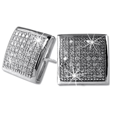 XL CZ Puffed Box Micro Pave Iced Out Earrings .925 Silver